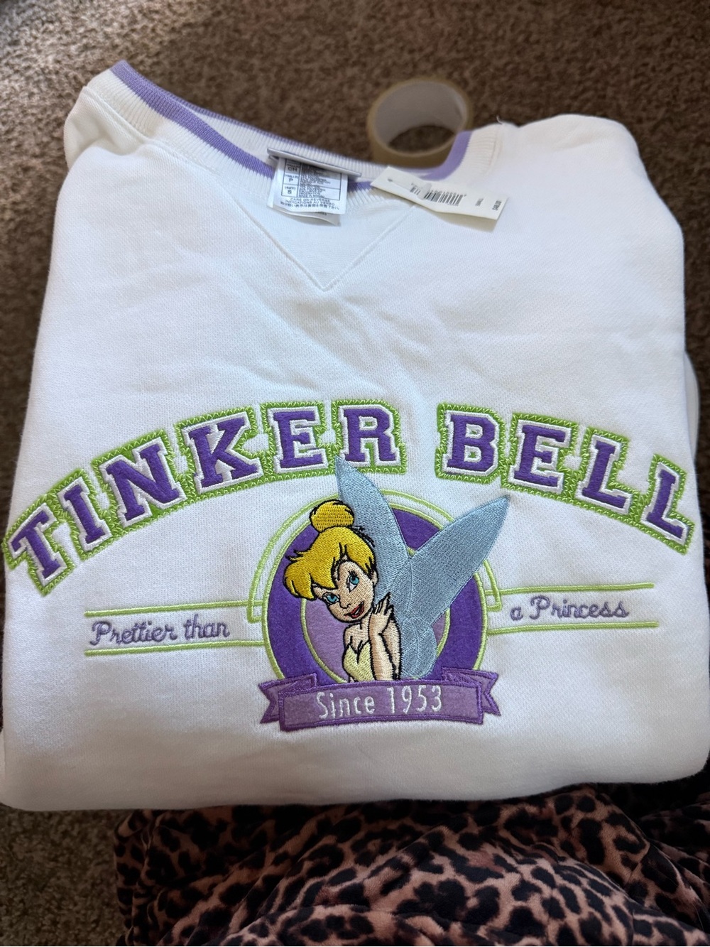 NOS Y2K Tinker Bell Women Small White Sweatshirt Purple & Green Embroidery